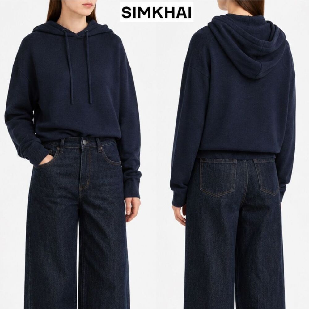 SIMKHAI Cotton Cashmere Sweater Hooded Small Midnight Navy Oversized Knit Luxe